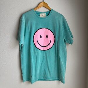 NWT FANTASTIC FAWN Boutique Oversized Acid Wash Turquoise Smiley Face Graphic T